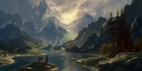 山谷河畔的旅人 山脉 河流 奇幻艺术 2K