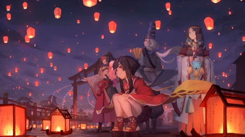 夜空灯笼节 夜晚 灯笼 动漫风格 4K