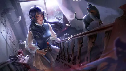 幽灵少女与猫 幻想 废墟 蓝色 4K