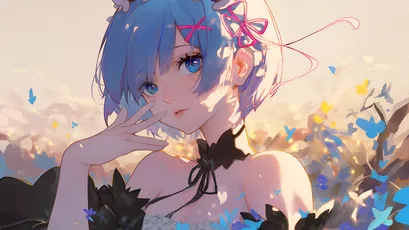 梦幻少女与蝴蝶 动漫风格 蓝色头发 蝴蝶环绕 4K