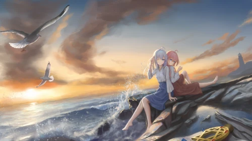 海边黄昏的少女 动漫 海边 黄昏 4K