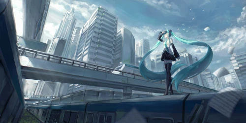 未来都市少女 科幻城市 动漫风格 蓝绿色调 4K