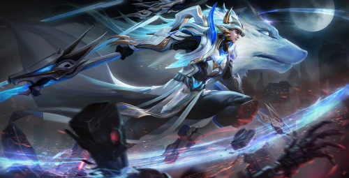 白狼骑士月夜激战 奇幻战斗 游戏原画 蓝白色调 4K