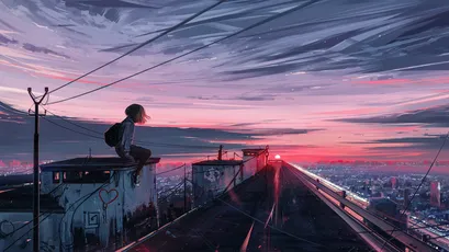 黄昏铁轨少女 城市景观 动漫风格 粉紫天空 1080P
