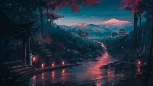 山涧夜色古风景 山水画 古风意境 夜景 4K