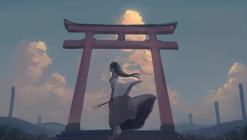 神社门前的旅人 神社鸟居 动漫风格 黄昏天空 2K