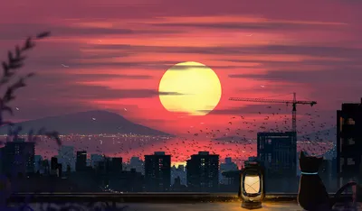 城市黄昏剪影 城市景观 日落 动画风格 4K