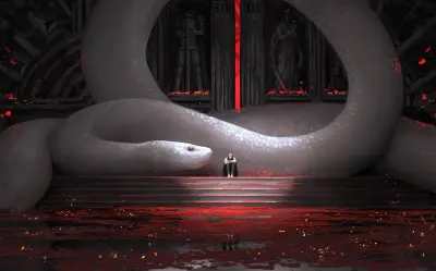 巨蛇环抱的神秘殿堂 奇幻场景 巨蛇 红色光影 8K