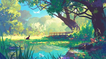 宁静湖畔的自然美景 自然风景 插画风格 绿色植物 2K
