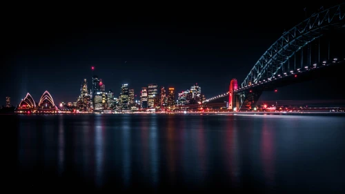 悉尼夜景灯火辉煌 城市夜景 桥梁 水面倒影 4K