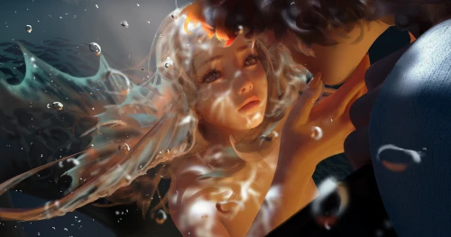 水下少女的凝视 水下场景 梦幻风格 暖色调 4K