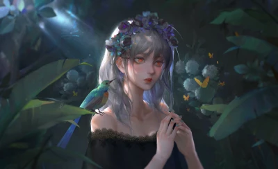 森林中的花环少女 奇幻场景 写实风格 紫色调 8K