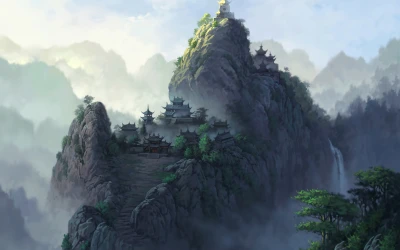 云雾缭绕的山巅古寺 山水画 仙侠风格 青绿山水 4K