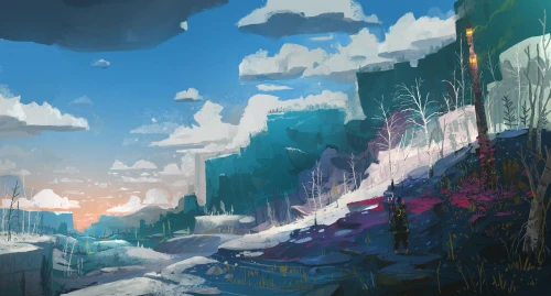 雪原峡谷的旅人 风景 雪山 数字绘画 1080P
