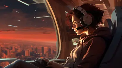 机舱凝望暮色城市 科幻场景 黄昏色调 女性主角 2K