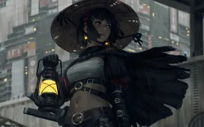 雨中持灯的女战士 赛博朋克 雨夜 女性角色 4K
