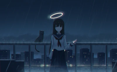 雨夜天台上的天使少女 动漫 夜景 雨天 4K