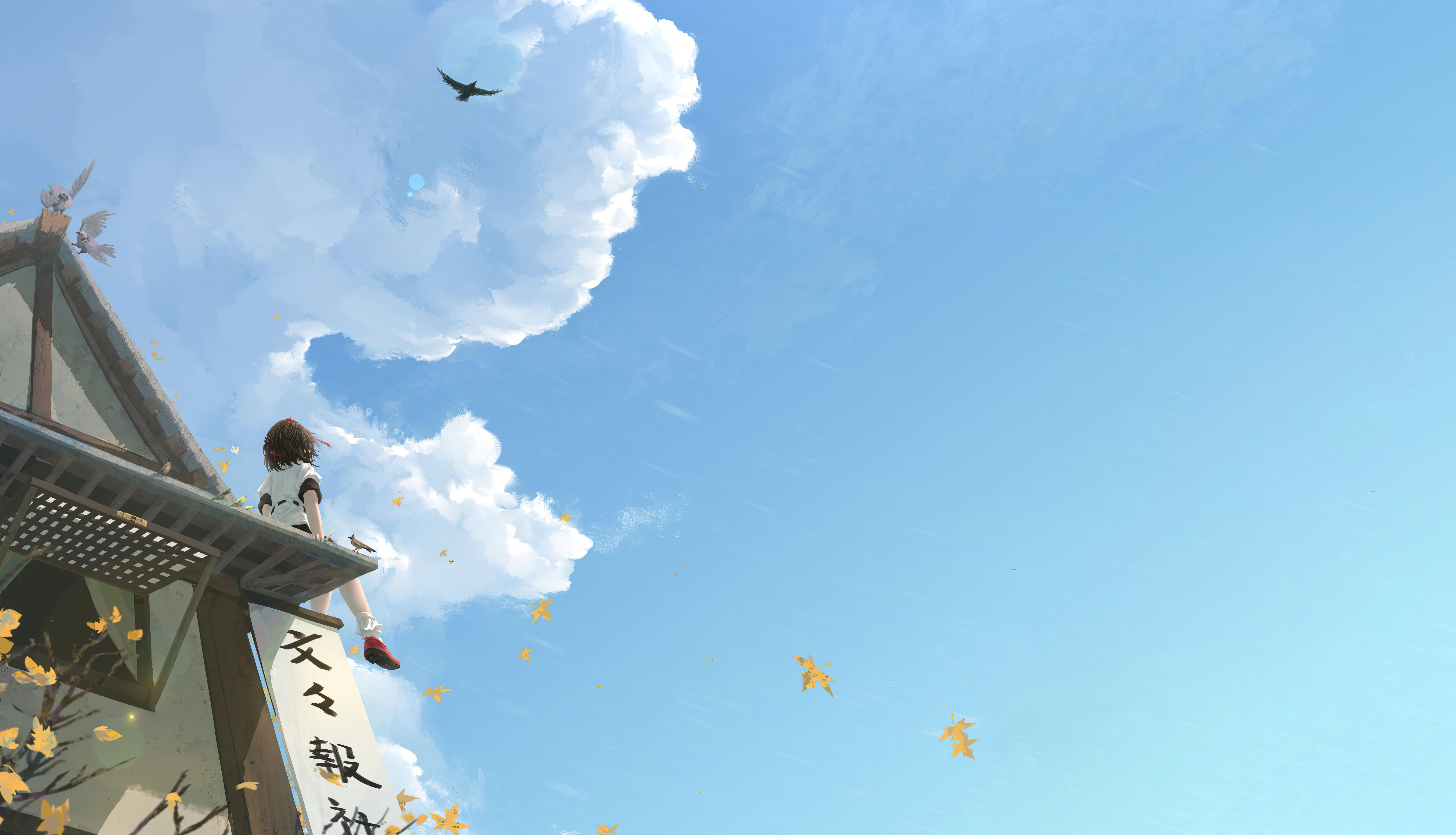 屋顶上的仰望 动漫 插画 天空 8K