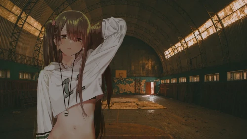 废弃体育馆中的少女 动漫风格 二次元 废土风 2K