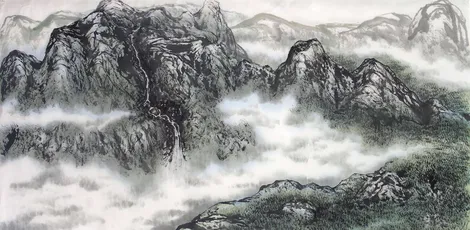 云山叠嶂 山水画 水墨风格 黑白灰 8K