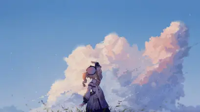 少女仰望粉色云海 插画 动漫风格 天空 1080P