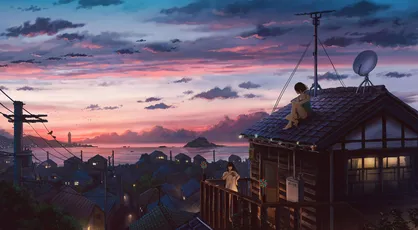 黄昏屋顶眺望 日落 屋顶 动画风格 8K