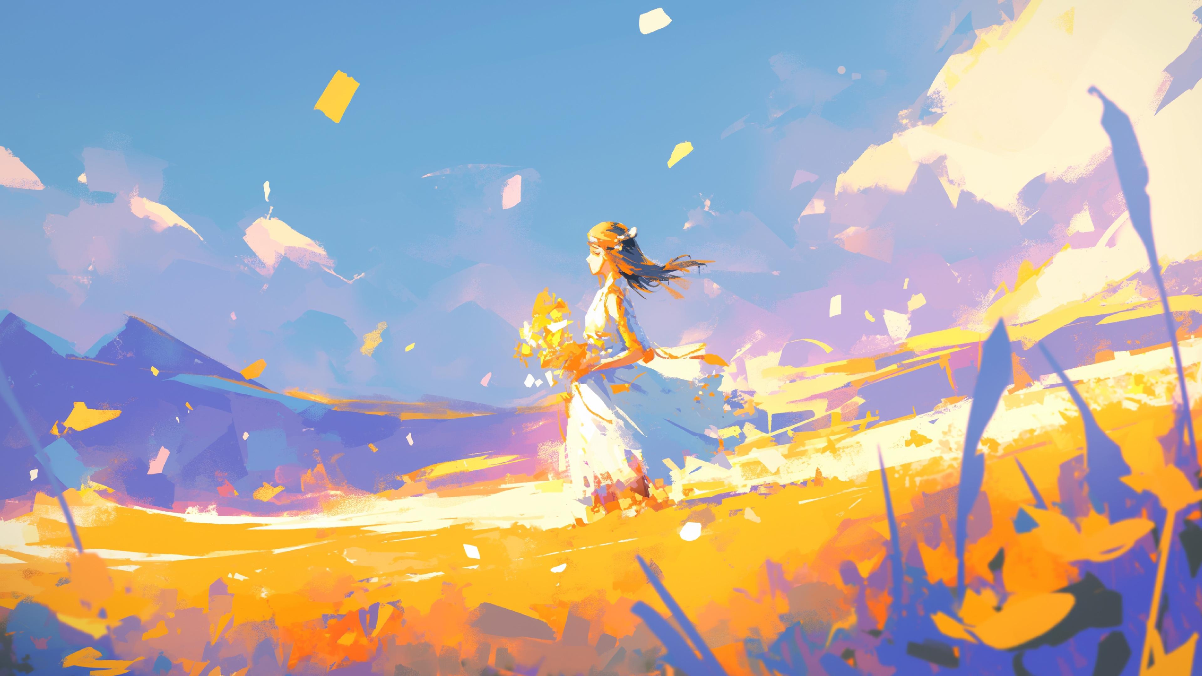 风中持花少女 插画 少女 花海 4K