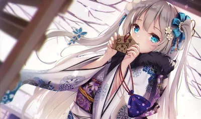 和服少女 动漫 和服 蓝色眼睛 4K