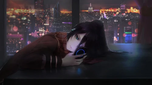 都市夜景下的少女 动漫 赛博朋克 城市夜景 4K