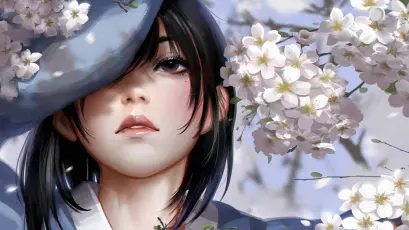 樱花下的静谧少女 动漫风格 樱花 蓝色帽子 1080P
