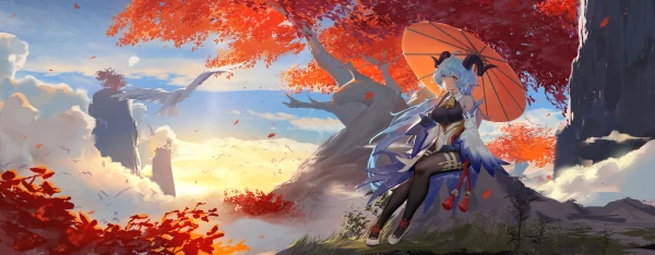 秋日山峦持伞少女 动漫插画 秋天 红叶 4K
