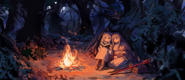 森林篝火旁的少女 动漫 插画 森林 2K