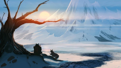 雪原枯树下的守望 雪景 插画 冬季 4K