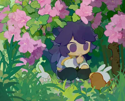 花丛中的小憩 花园 卡通风格 紫色调 1080P