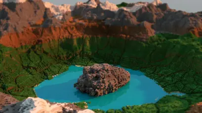 火山口湖微缩景观 火山湖 微缩模型 3D渲染 1080P