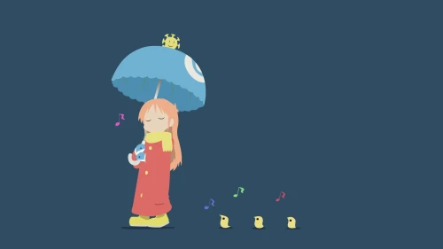 雨中听歌的女孩 插画 动漫风格 下雨天 1080P