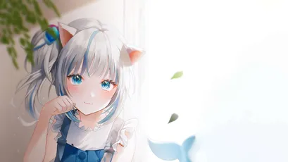 可爱猫耳少女 动漫风格 蓝色头发 白色背景 4K