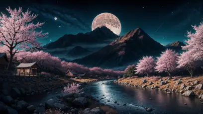 月夜樱花溪流 自然风光 梦幻风格 粉色樱花 4K