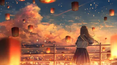 夜空中的灯笼与女孩 夜晚 灯笼 女孩 8K