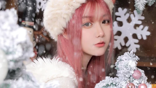 雪夜粉发少女 冬季场景 圣诞装饰 粉发少女 4K