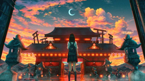 夕阳下的神社 日本 神社 夕阳 4K