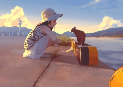 少女与黑猫的黄昏 黄昏场景 插画风格 暖色调 4K