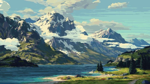 雪山湖泊风景画 风景 山脉 湖泊 1080P