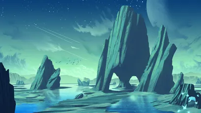 星夜奇岩 奇幻景观 动画风格 蓝绿色调 4K