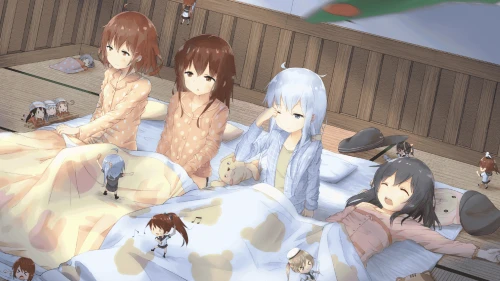 四位少女共眠场景 室内场景 动漫风格 暖色调 1080P
