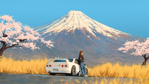 富士山樱花与跑车 自然风光 樱花盛开 雪山 8K