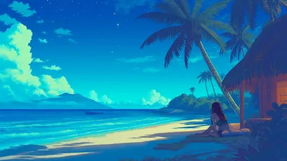 夜色下的海滩 海滩 夜晚 动漫风格 4K