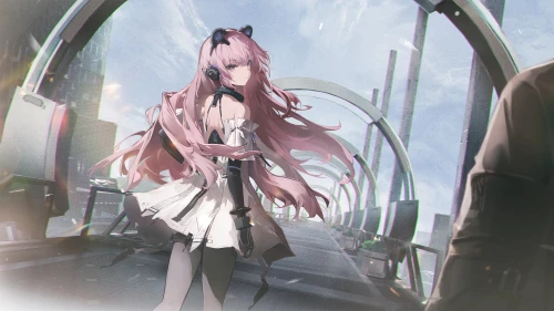 粉发少女立于未来廊桥 科幻场景 动漫风格 粉发角色 4K