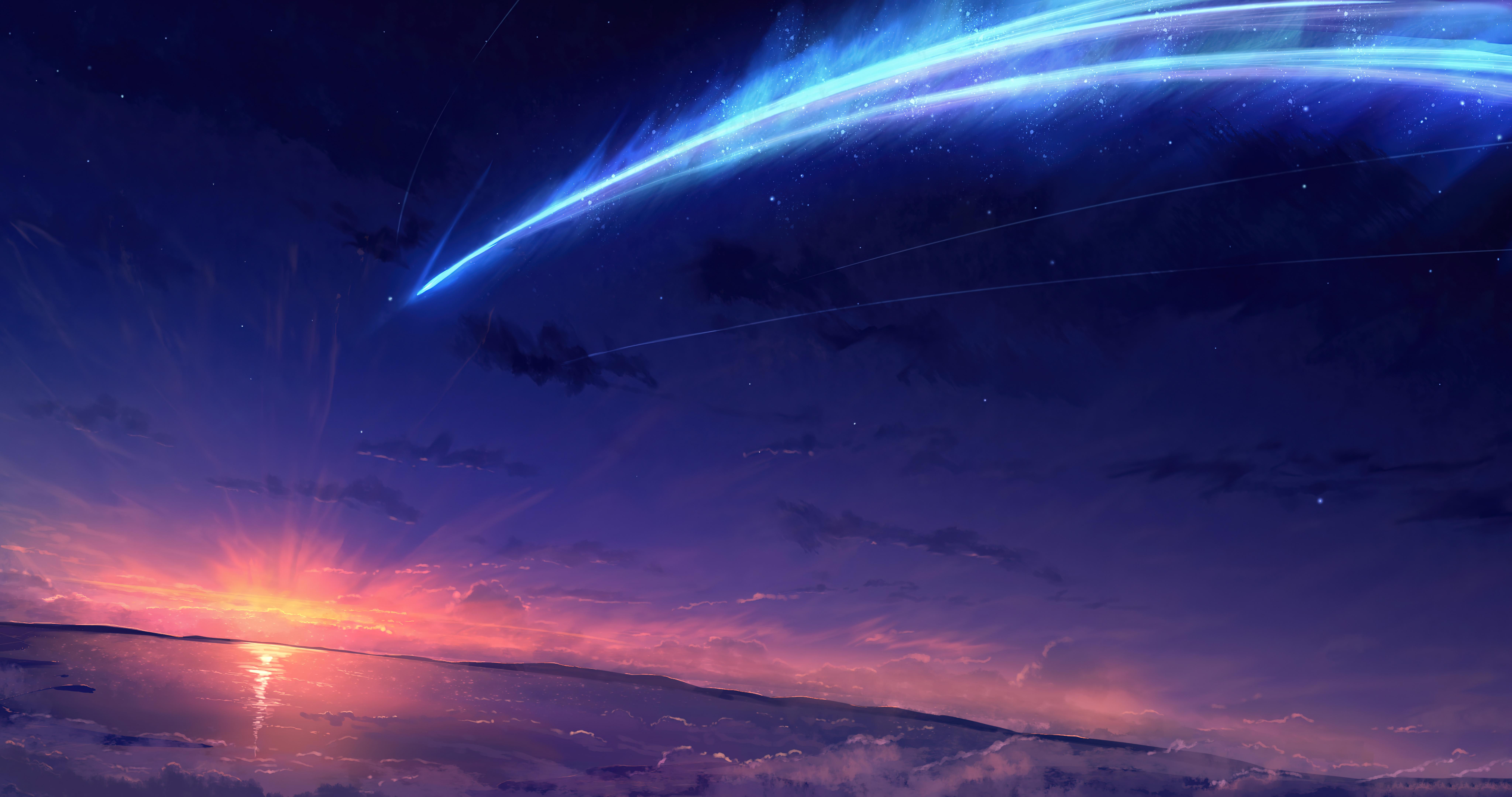 星轨掠过暮色海天 黄昏 星空 科幻风格 8K
