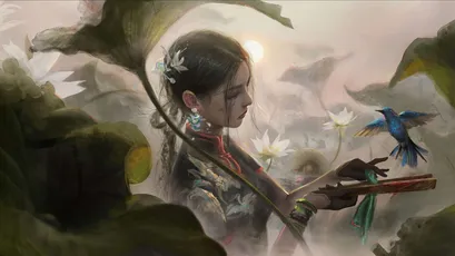女子与鸟 女子 鸟 荷花 4K